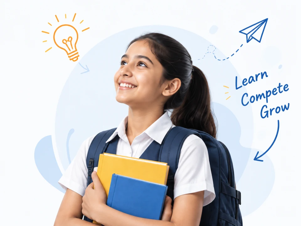 A smiling schoolgirl holding yellow and blue books, surrounded by Learn, Compete, Grow illustrations