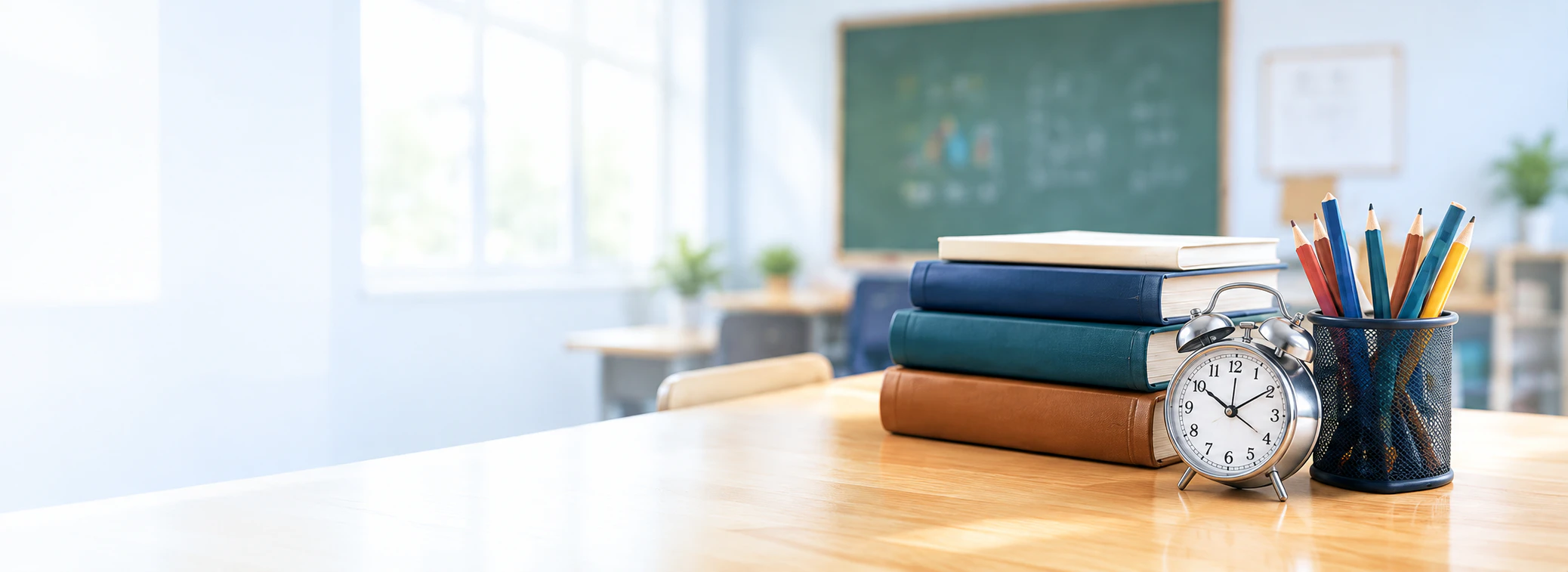 A bright classroom desk with subject books, an alarm clock and coloured pencils