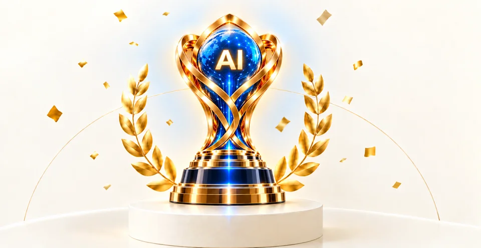 Blue globe AI trophy wrapped in gold ribbons, framed by golden laurels on a white podium