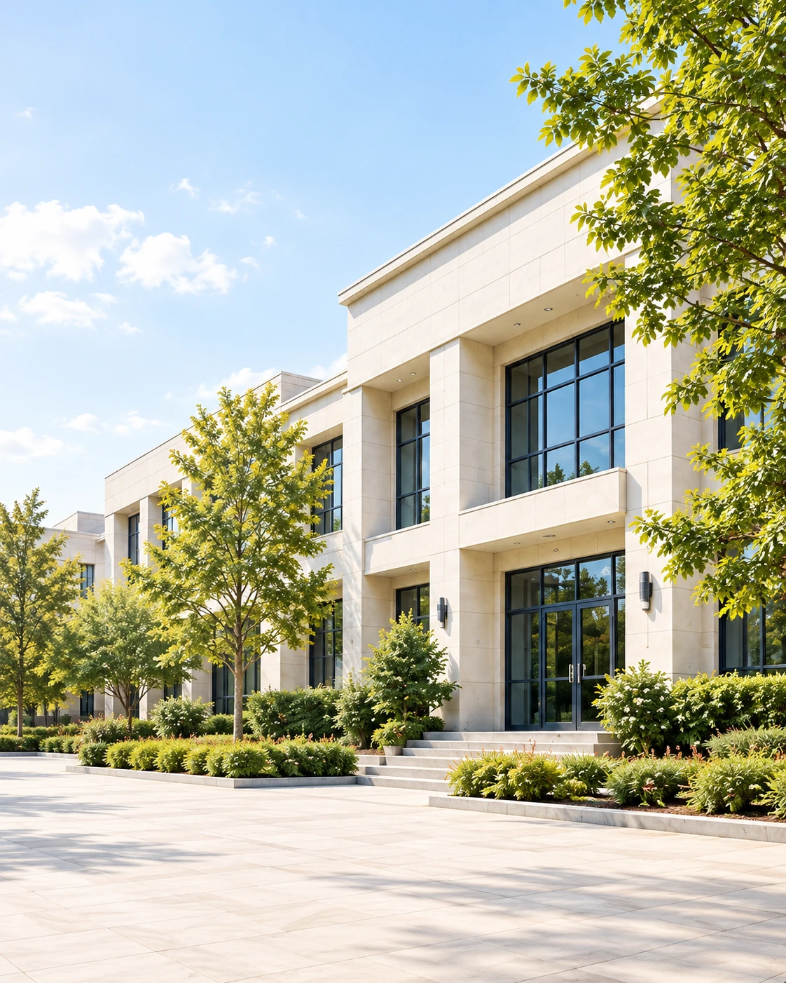 Modern campus building in bright morning light