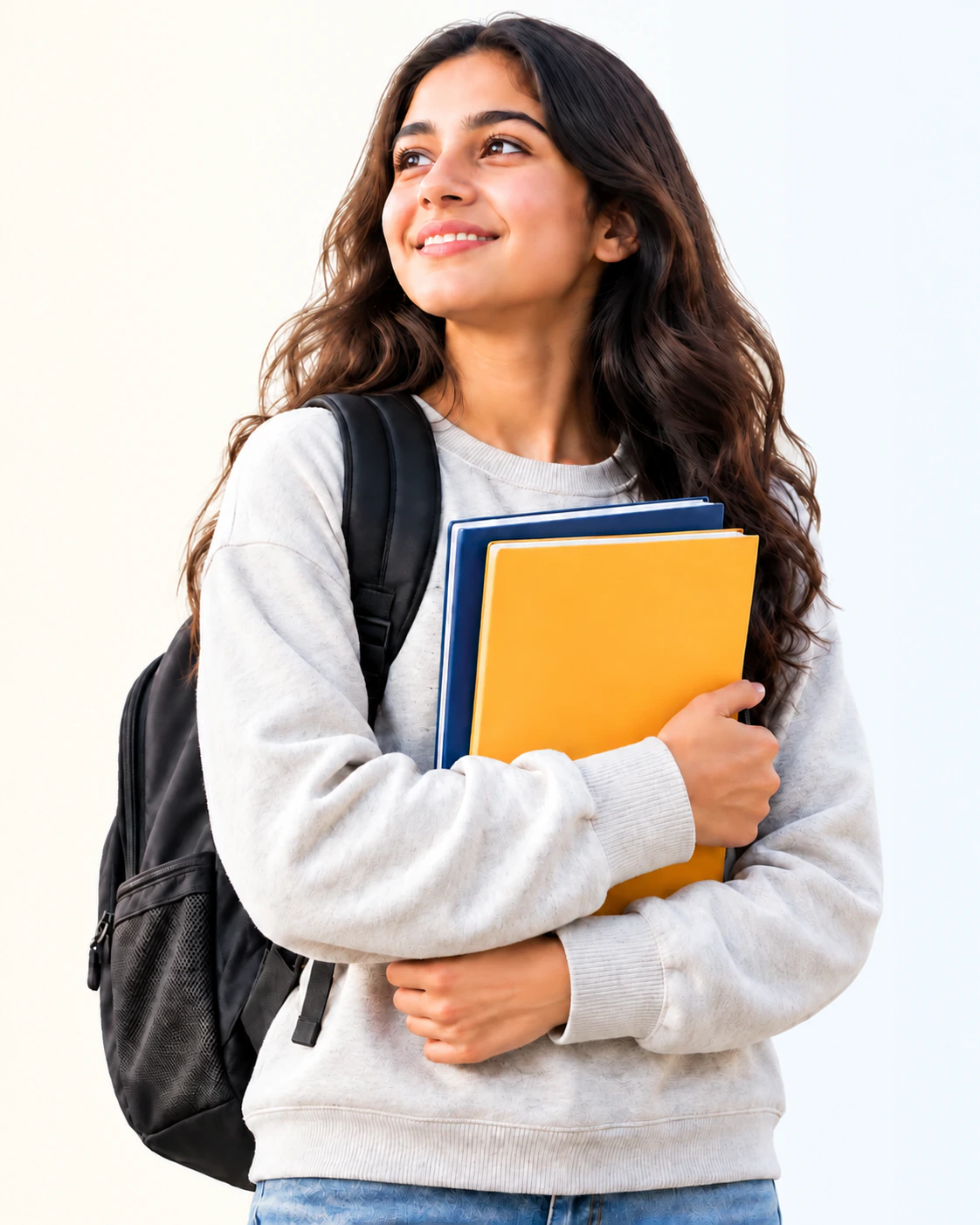 Student holding notebooks and looking forward with confidence